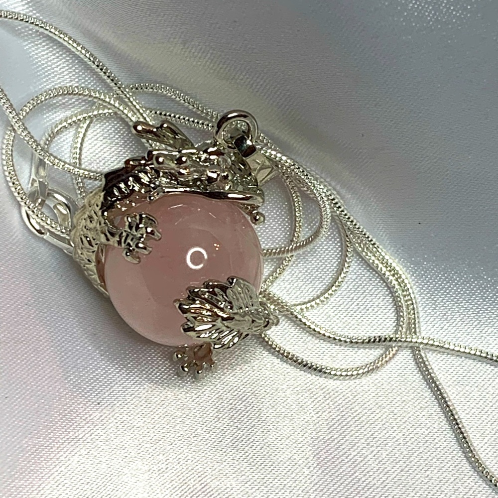 Pink Quartz and Silver dragon ball necklace.